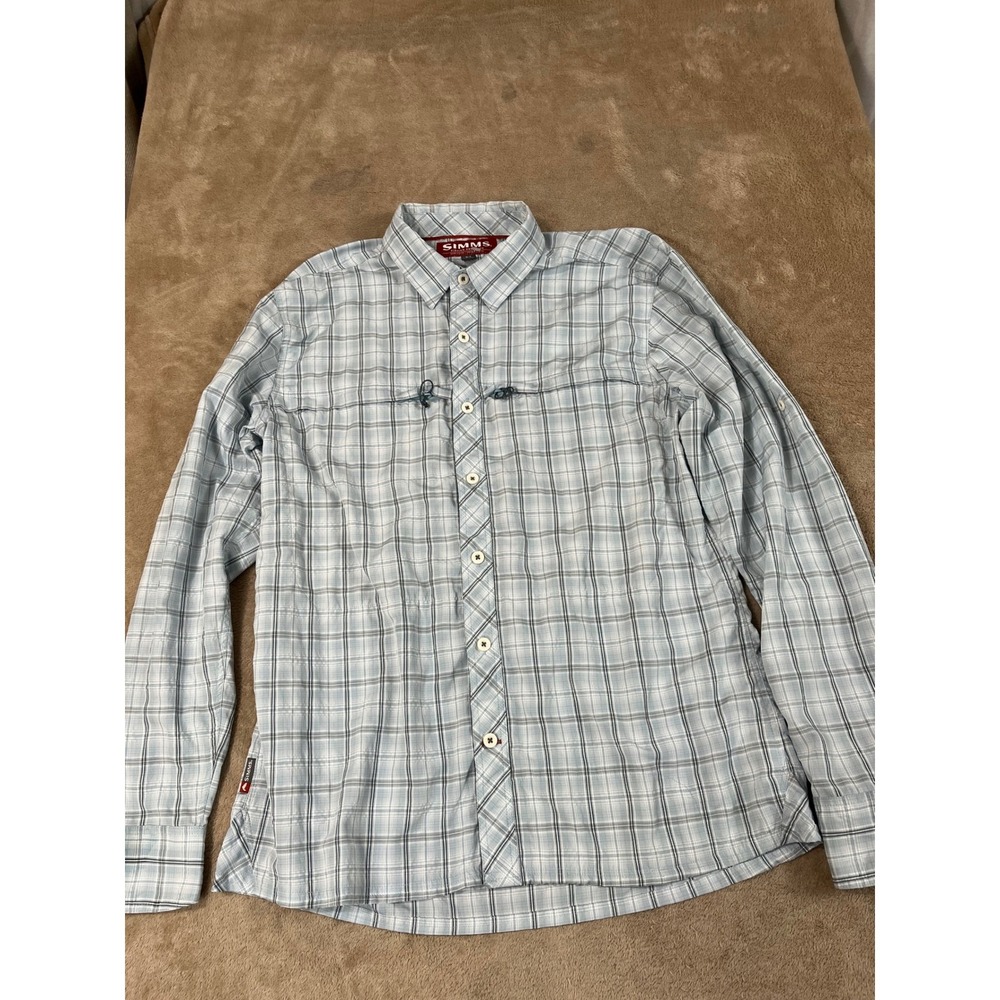 Simms Stone Cold Fishing Shirt Men's Medium Light Blue Plaid Polyester L/S EUC